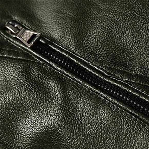 Army Green Faux Leather‎ Military Jacket Slim Fit Moto Biker Bomber Jacket Coat - Picture 5 of 9